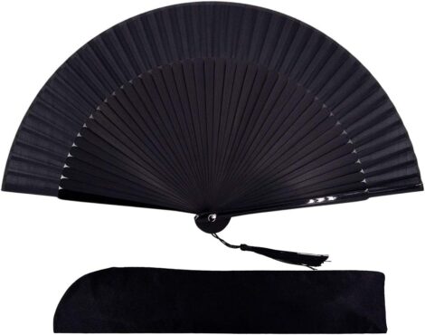 Amajiji 8.27″ Bamboo Silk Hand Fan – Vintage Style, Women’s Best Gift (Black)