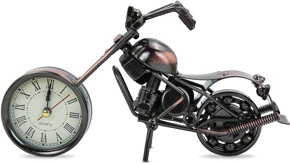 Boerni Creative Retro Motorcycle Model Clock Metal Moto Collection Shelf Clock Iron Art Modern Home Office Decor Ornaments Gift for Father Man Motorbike Lovers