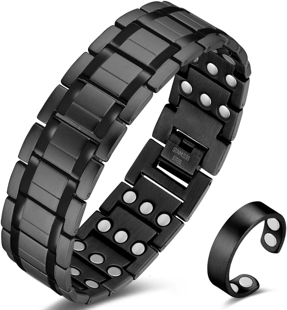 Cigmag Magnetic Bracelet Men Ultra Strength Magnet Titanium Steel Three Row with Adjustable Tool & Gift Box(Black)