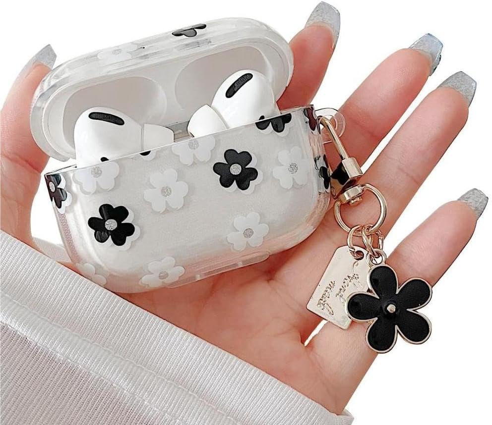 MINSCOSE Compatible with AirPods Pro Clear Case,Cute Cartoon Flower Pattern Design with Floral Keychain, Soft TPU Protective Shockproof Case for AirPod Pro for Girls Women-Black