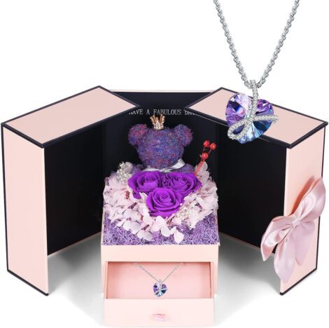 Shortened Product Name: Purple Rose Moss Bear with Crystal Necklace – Perfect Gift for Her on Special Occasions