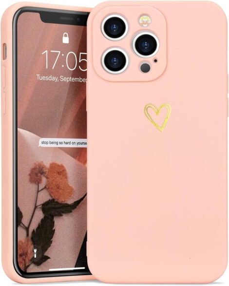 iPhone 13 Pro Case: Cute Heart Pattern Soft Shockproof Silicone Phone Cover for Women/Girls (Pink)