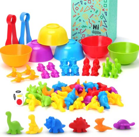 58-Piece Japace Montessori Dinosaur Toys with Sorting Cups, Dices, Tweezers – Educational Gift for Toddlers