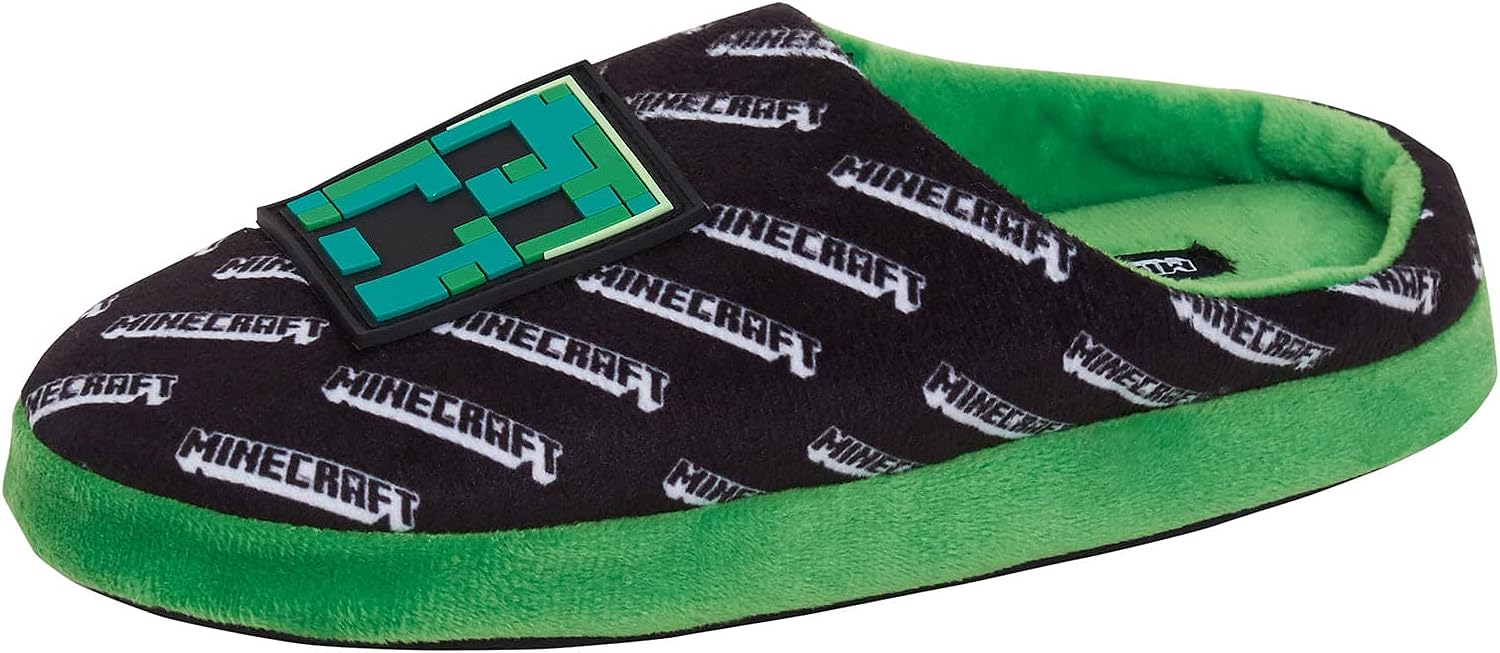 Minecraft Mens Slippers Teen Creeper Gamer Open Back Slip On Mules House Shoes