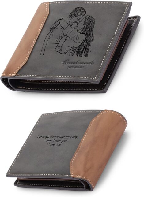 Kaululu Customized Grey Leather Wallet: Personalized Men’s Gift with Engraved Photo Text, Ideal for Birthday or Christmas.