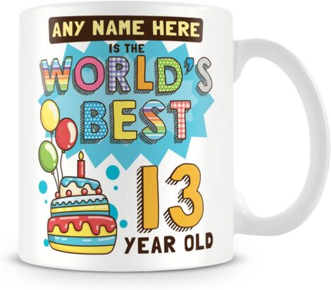 Customizable mug for boys’ 13th birthday with “World’s Best” design, in blue.