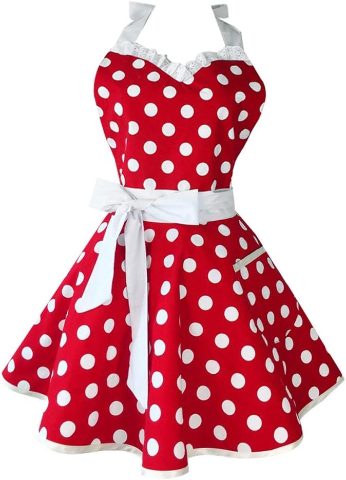 Golden Apple Lovely Sweetheart Red Retro Kitchen Aprons Women Girl Cotton Polka Dot Cooking Salon Apron Dress