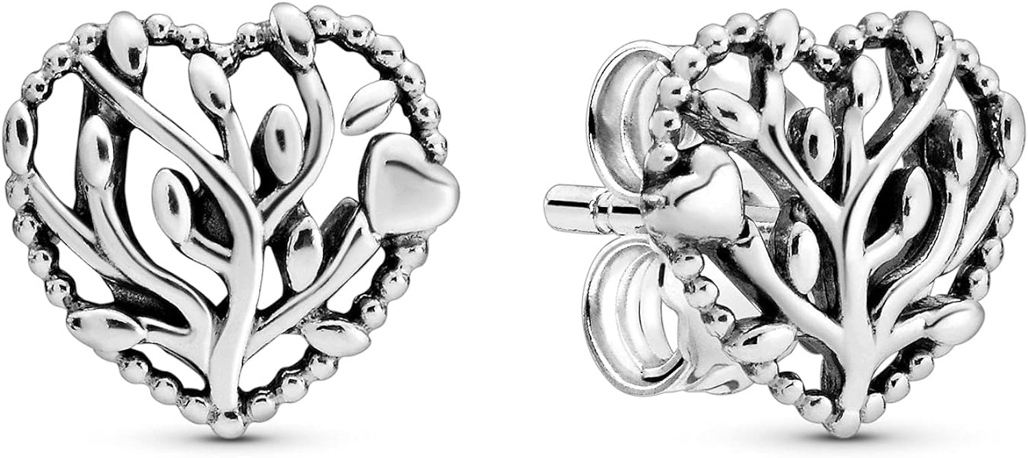 Pandora Moments Women's Sterling Silver Family Tree Heart Stud Earrings