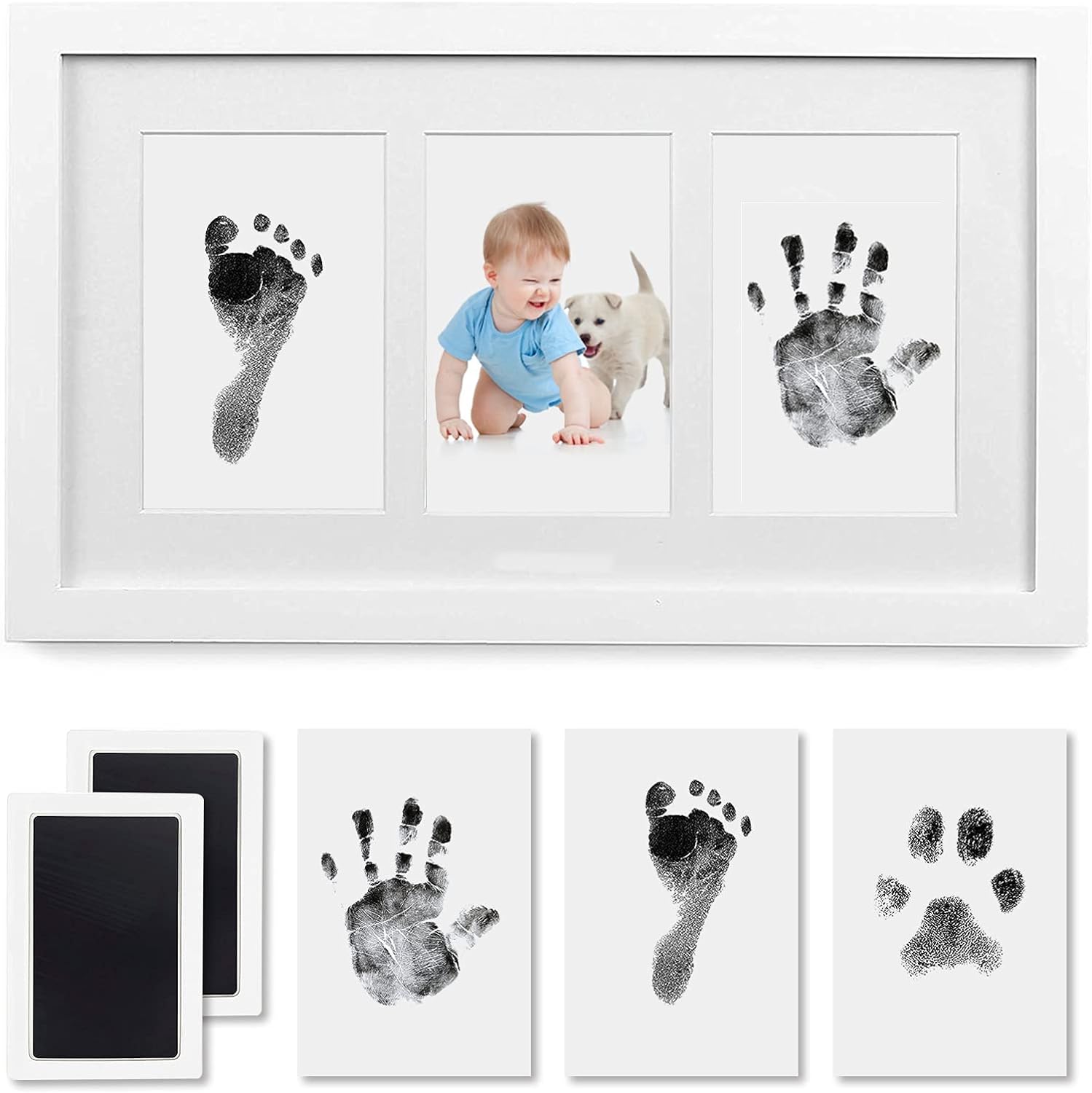 PewinGo Baby Handprint and Footprint Kit, Baby Framed Photo Kit with 100% Clean-Touch Ink Pad for Newborn Baby, Perfect baby gift,white,36*21*3.5 cm