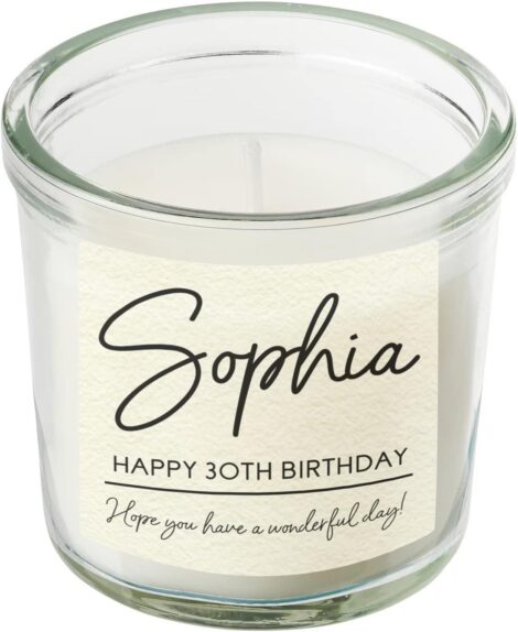 Custom message scented candle for milestone birthdays, perfect keepsake gift for her.