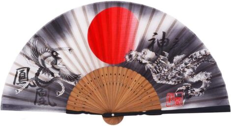 8.27-inch Silk Hand Fan for Women – Japanese Dragon and Phoenix Design, Ideal Gift and Decoration.