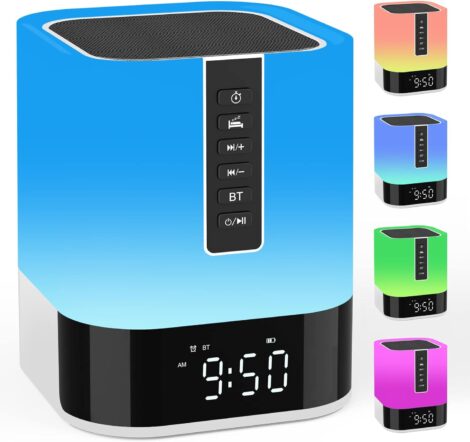 Multi-function bedside lamp with alarm clock, Bluetooth speaker, night light, and sound machine. Perfect teenage gift.