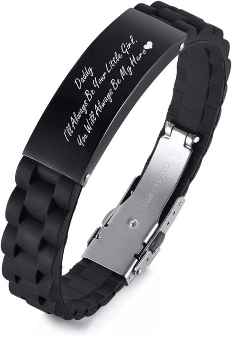 Personalized Daddy Gifts: Black Stainless Steel ID Bracelet for Father, Engraved with Quote