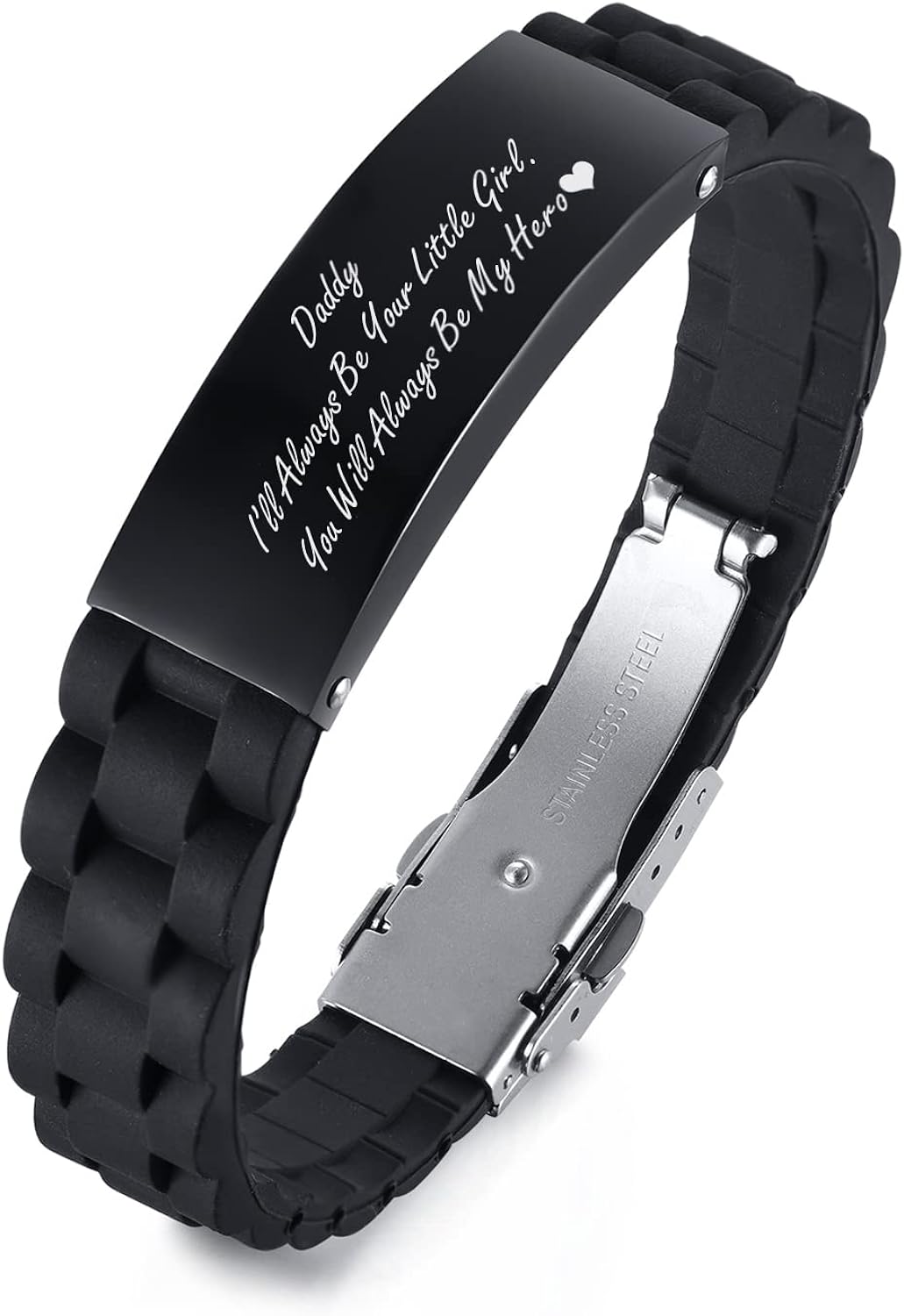 Men's Bracelet Personalised Daddy Gifts - Black Stainless Steel ID Silicone Bracelet to My Dad Quote Engraved DAD Jewellery for Daddy Father from Son Daughter, Gift for Father's Day Birthday Christmas