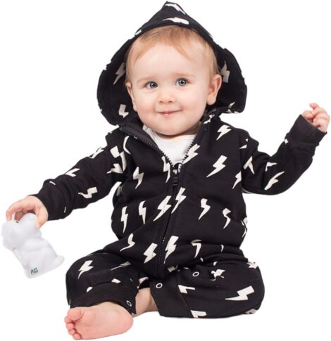 Baby Moo’s Lightning Bolt Romper – Stylish Unisex Hooded Zip Onesie | Perfect Baby Shower or Bday Gift UK