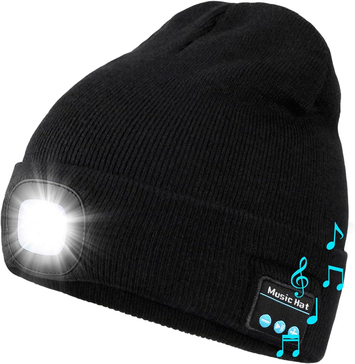 Wmcaps Gifts for Men Dads Him, Beanie with Detachable Light and Bluetooth, USB Rechargeable Wireless Headphone Running Hats, Unisex Outdoor Beany, Perfect Christmas Stocking Fillers Black