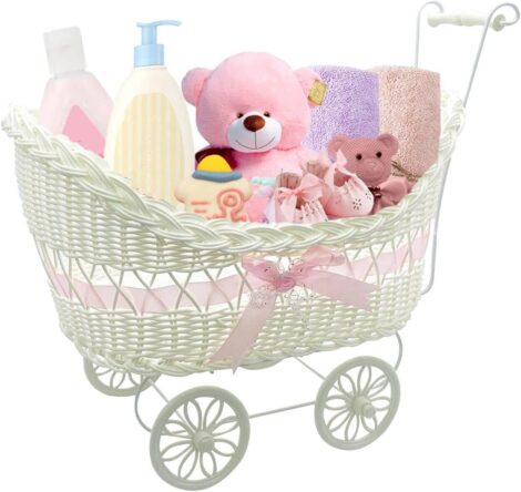 Pink baby pram hamper: a cute and practical gift for baby showers or newborns.
