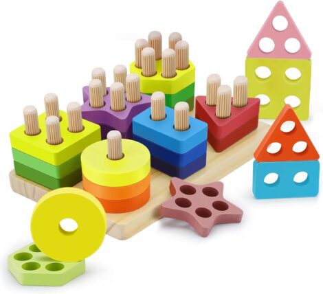 24pcs Wooden Montessori Geometric Sorting Block Board, Gift for 1-3 Years Old Toddlers