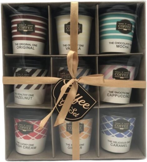 9-flavor coffee gift set for women with travel cups, includes Irish cream, caramel, vanilla, and more.