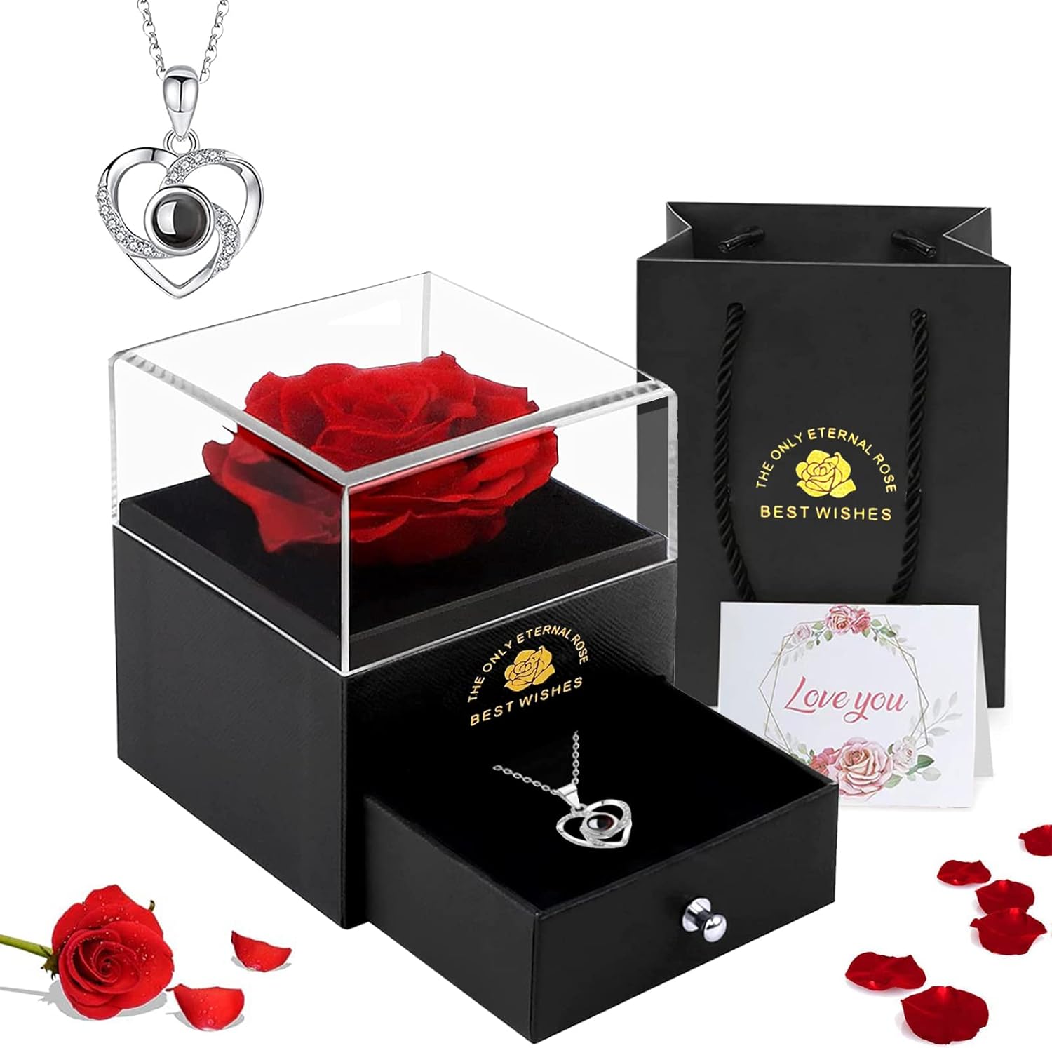 EGEKTBH Gifts for Women Mum Her, Preserved Eternal Rose Gift Box for Mothers Day with Love You Necklace, Artificial Rose Flowers Romantic Gifts for Women on Birthday, Anniversary