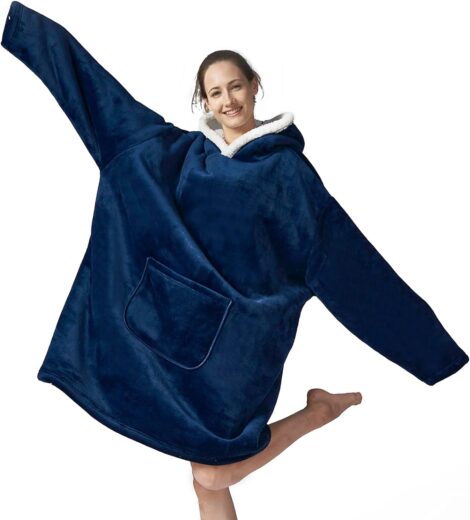 Hansleep Cozy Hoodie Blanket for Adults, Navy Blue, 84×110 cm