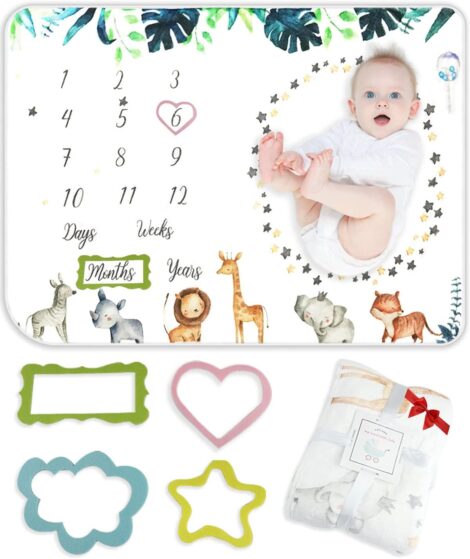 Trongle Baby Milestone Blanket: Premium Fleece Mat for Newborns with 4 Photo Décor, Unisex Shower Gift Set.