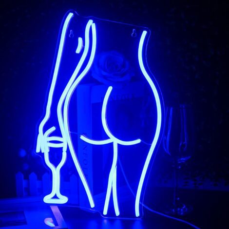 Blue LED Lady Wineglass Neon Sign – Backlit Wall Decor for Bedroom, Gaming Room, Man Cave.