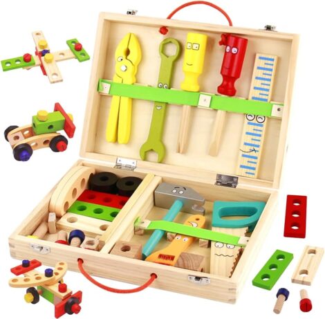 Wooden Kids Tool Set: Educational Construction Role Play Toys for 3-5 Year Olds, Boys and Girls.