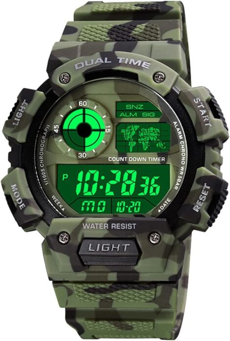 Waterproof men’s sport watch with dual time, luminous display, and PU strap.