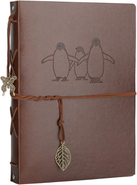 AIOR Penguin Scrapbook Photo Album, Vintage Leather DIY Album, Refillable Black Pages. Perfect Gifts for Him, Her, Birthday, Anniversary.