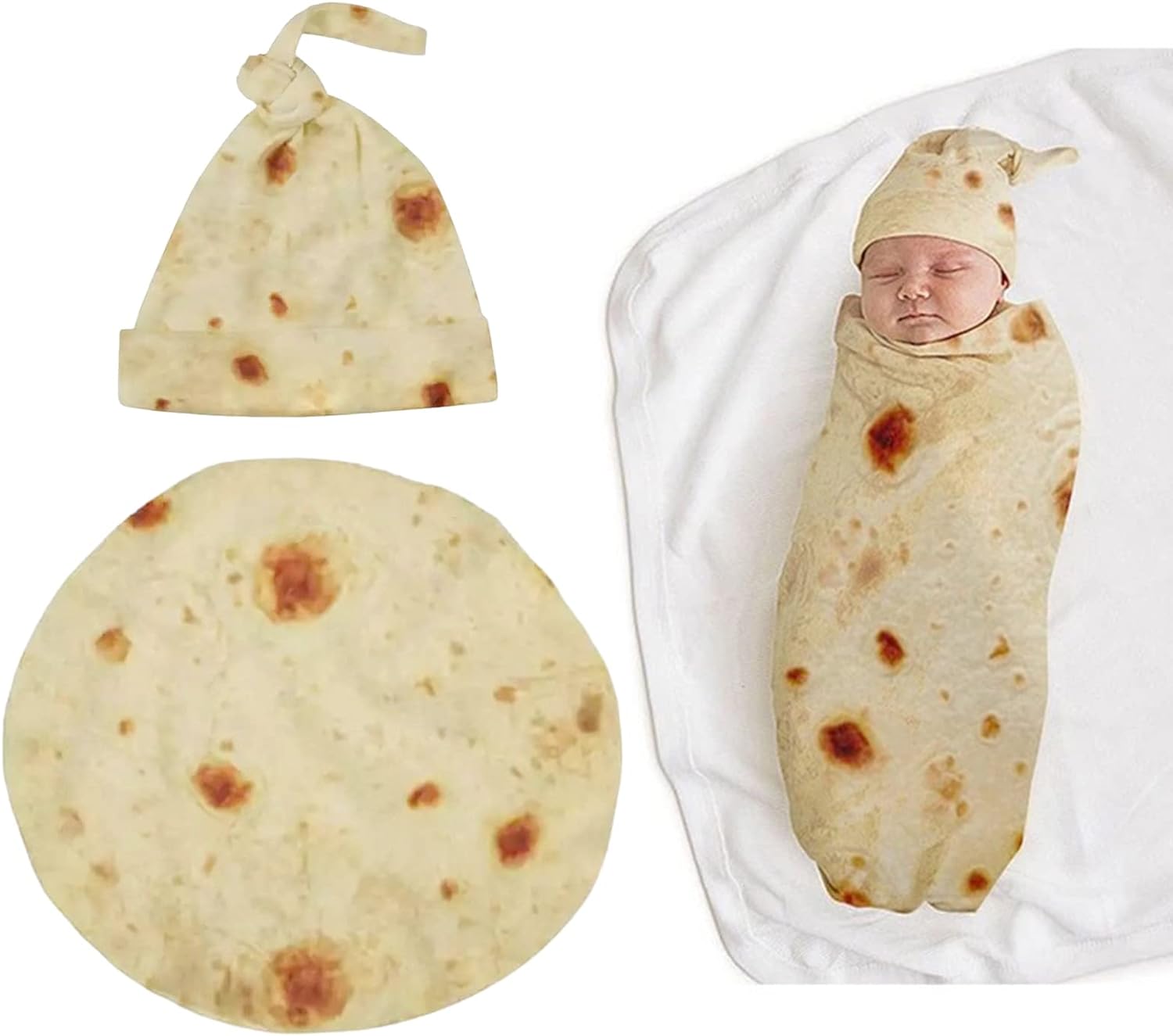 Petyoung Newborn Baby Wrap Burrito Swaddle Blanket with Hat Set, Soft Tortilla Pattern Blanket Gift for Baby Shower