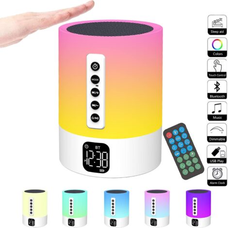 15-word paraphrase: Bluetooth Speaker with Alarm Clock, Lamp, White Noise, and Color Changing for Bedrooms – Perfect Teen Gift