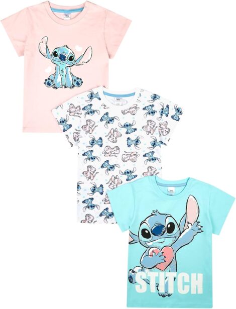 Disney Lilo and Stitch 3PK Girls T-Shirts: 3 Summer Tops, Ages 5-12.