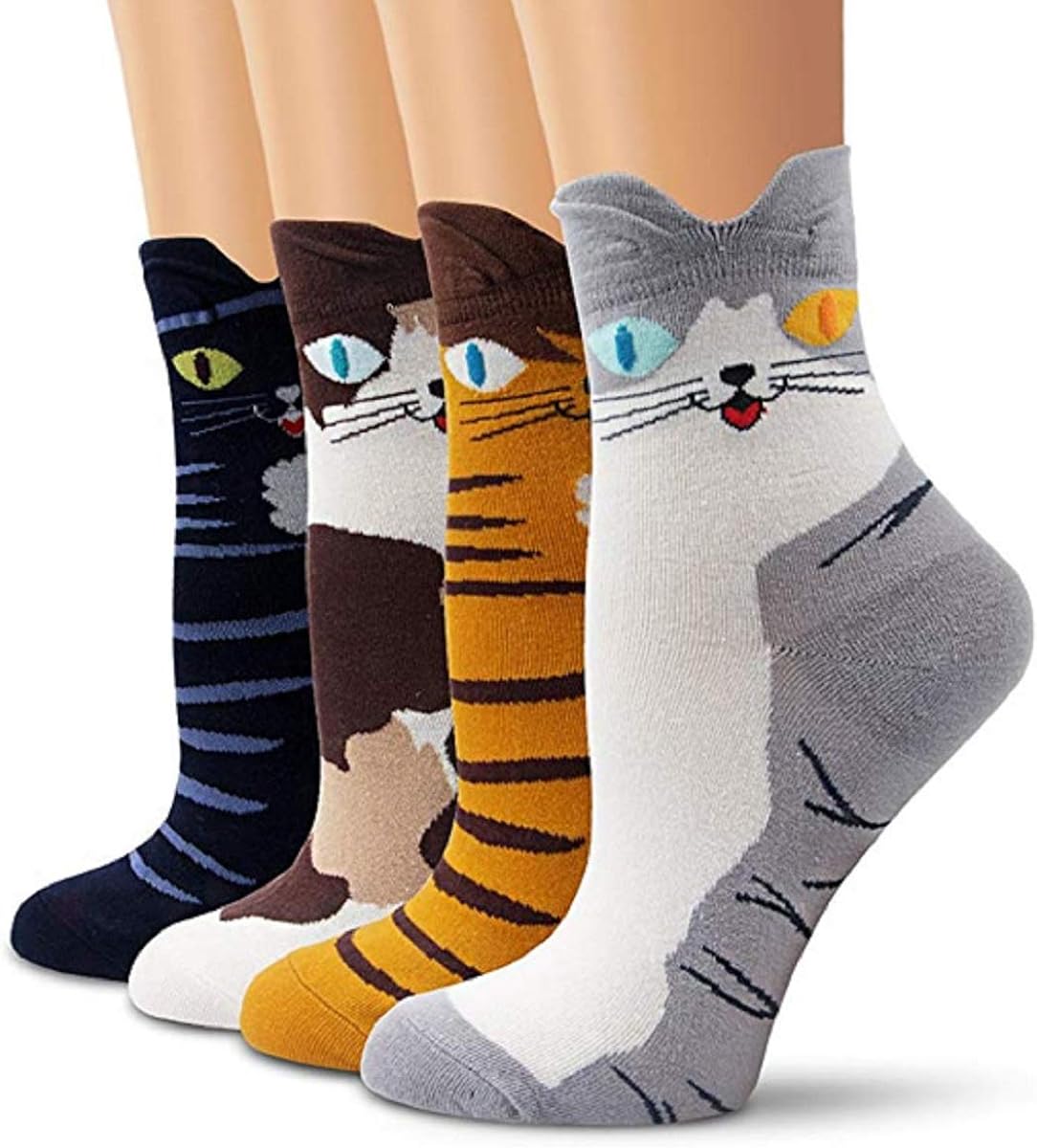 CUQOO 4 Pairs Womens Cute Cotton Cat Socks – Thermal Warm Funny Novelty Socks For Winter | Premium Ladies Socks Size UK 3-7 | Animal Socks Women Cotton Socks | The Perfect Novelty Gift