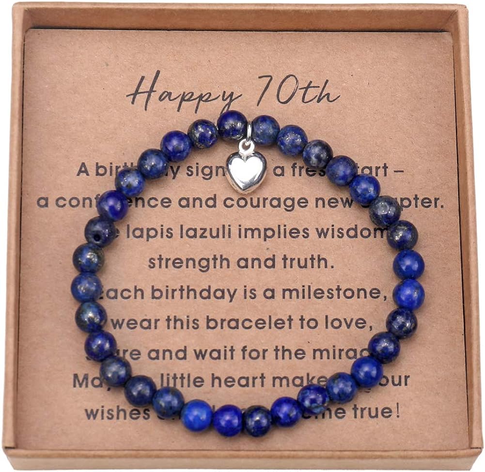 Giuesytic 70th Birthday Gifts for Women Turning 70 - Lapis Lazuli Bead Bracelet with Sterling Silver Heart Charm with Card and Gift Box