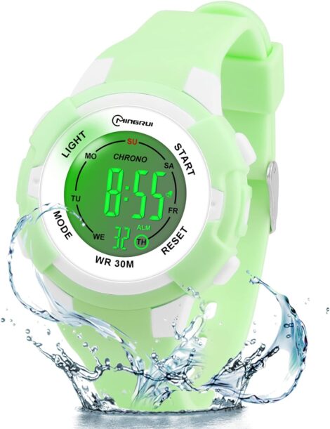 Waterproof digital wristwatch for kids aged 4-15, with stopwatch and alarm features, available in 7 colors.