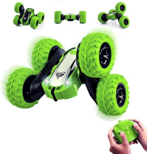 High-speed RC stunt car toy for kids aged 5-12; performs 360° flips, green color, remote control.