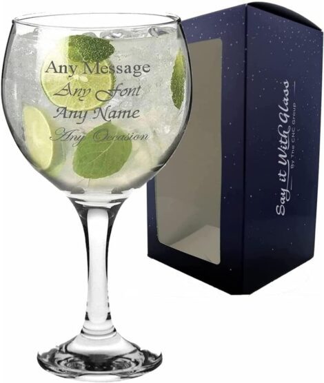 Customizable Engraved Gin Balloon Glass with Message, Fonts & Gift Box. Perfect for Weddings, Birthdays.