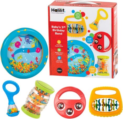 Halilit Baby Band Gift Set. Includes Ocean Drum, Baby Maraca, Ring My Bell, Rainboshaker & Clip Clap. Suitable for 12+ months.