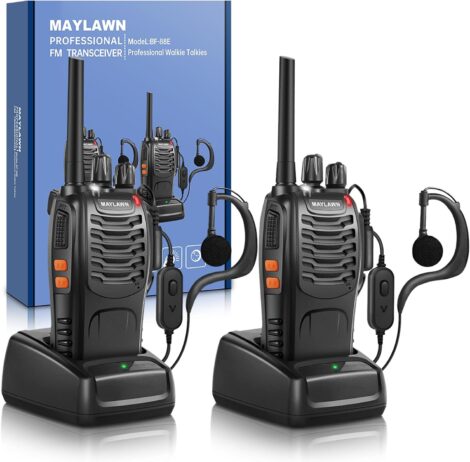 Maylawn Pro Walkie Talkies 2Pcs: Long Range, License-Free, Rechargeable, LED Earpieces, Supports VOX (16CH).