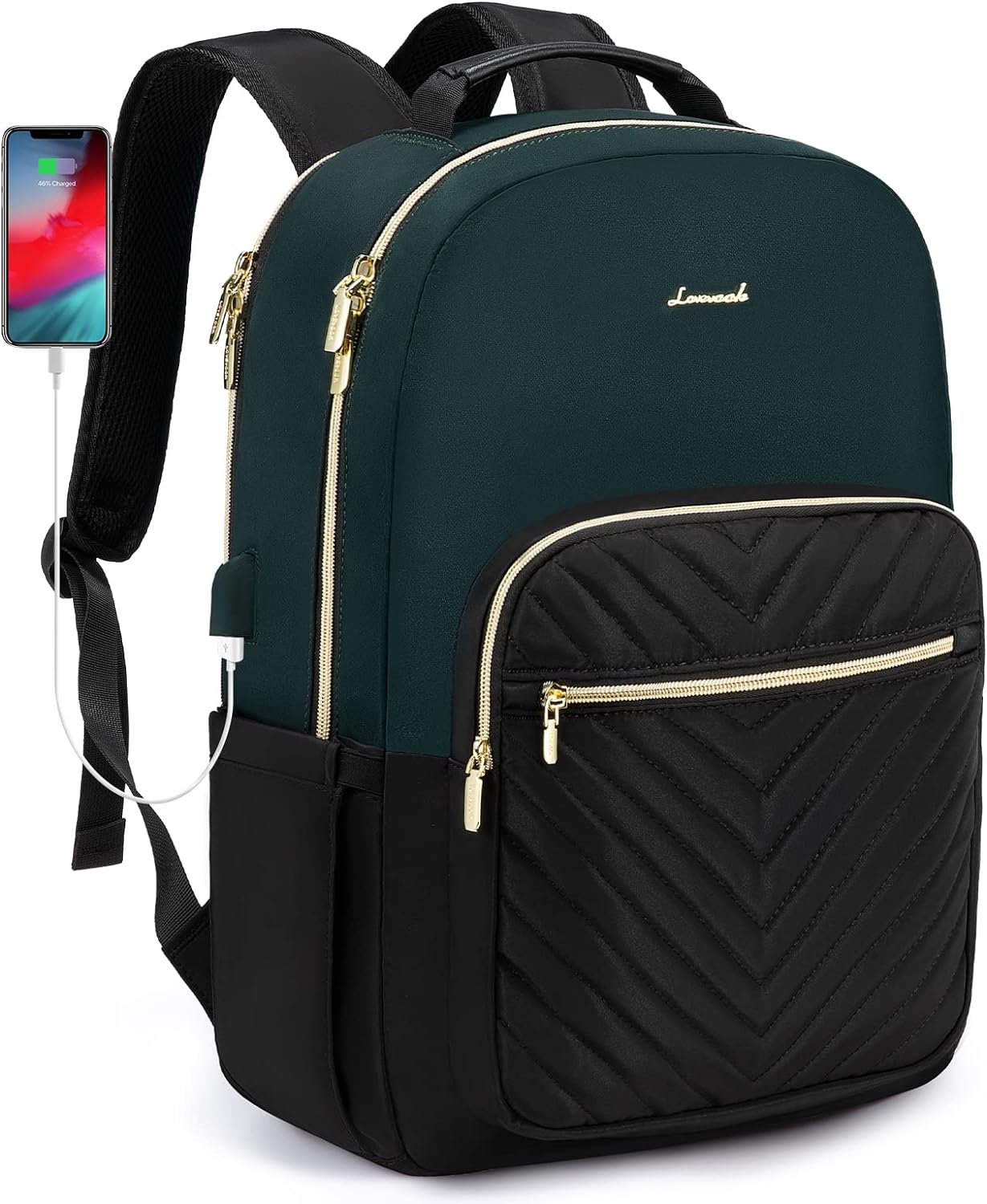 LOVEVOOK Backpack Womens,15.6 Inch Laptop Rucksack Bag for Women,School College Travel University Back Pack, Water-Resistant Large Work Bags with USB Charging Port, Ladies Backpacks, Black Green