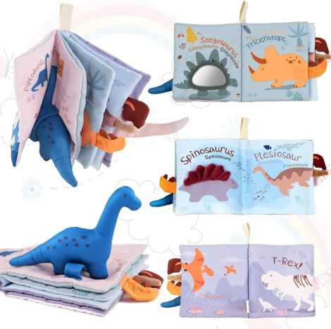 Richgv Baby Books Toys – Sensory Toy for 0-12 Months, Mirror, Crinkle Paper, Maze & Dinosaur. Developmental Travel Toy, Stroller Hanging, Newborn Gift.