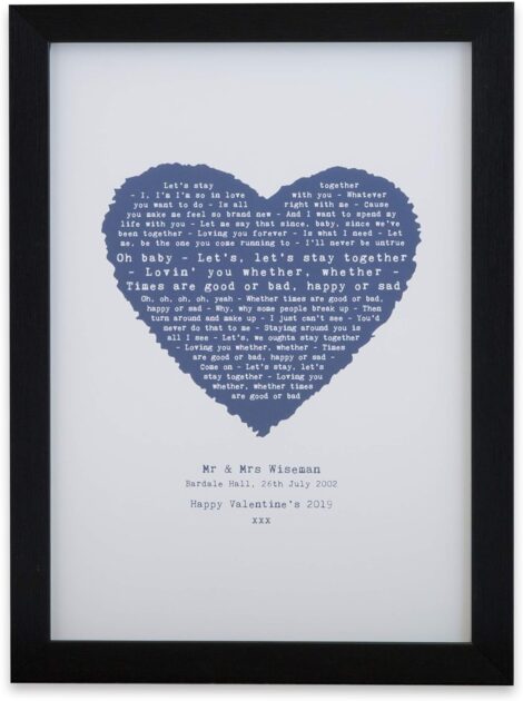 Personalized Heart Poster – Print your chosen song lyrics, vows, or speech beautifully on various sizes with optional frame.