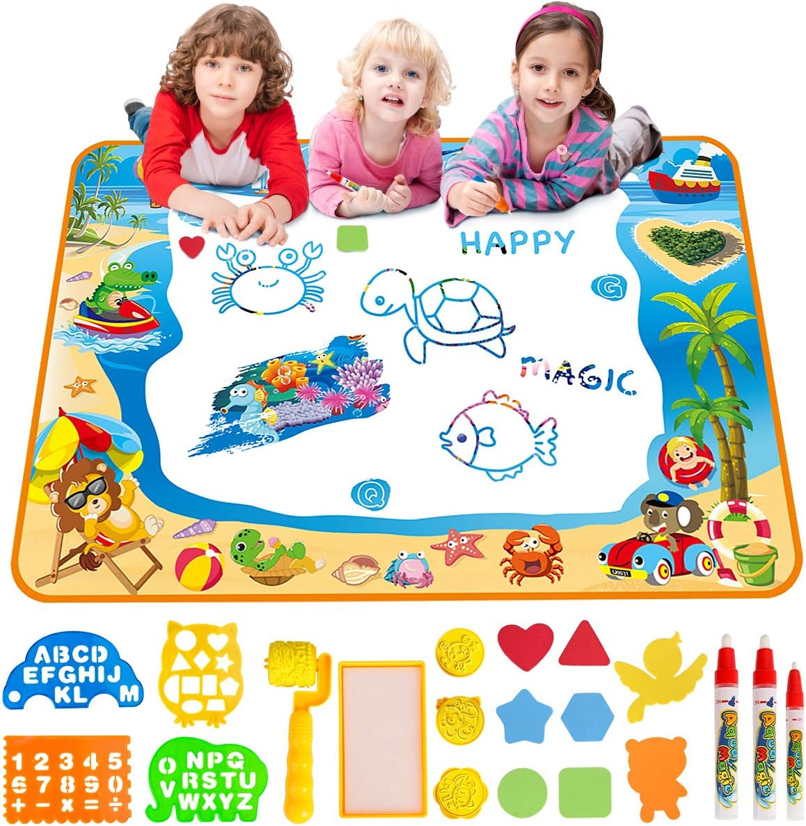 Water Doodle Mat Aqua Drawing Painting Large 100 x 70cm Mess Free Learning Toys for 3 4 5 6 Year Old Boys Girls Toddlers Birthday Christmas Gift with Magic Pens, Stamp Set Toy