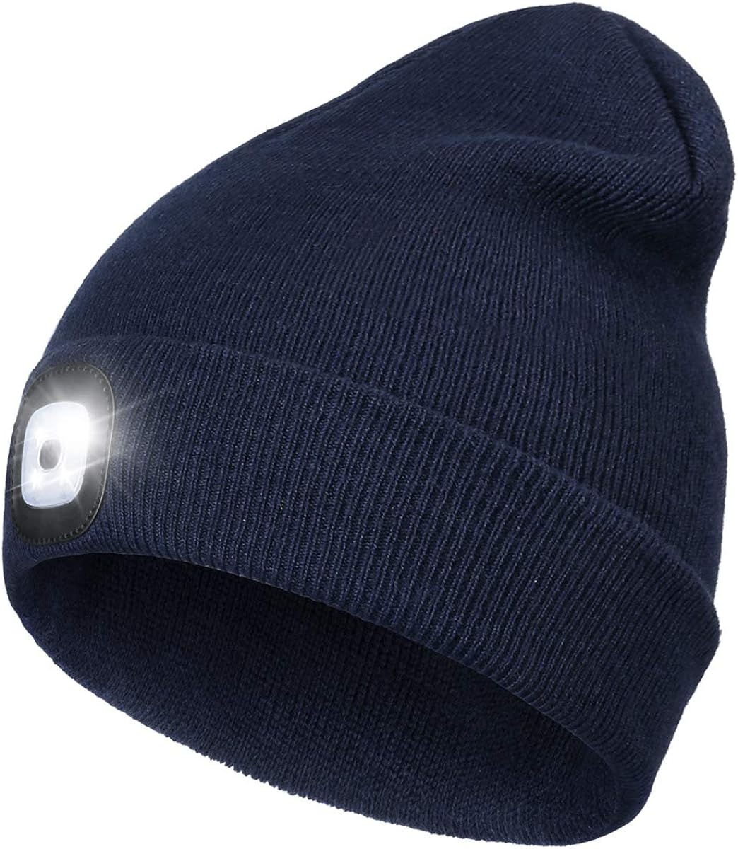 Rechargeable LED Lighted Beanie, Perfect Dad Gifts in Christmas, Stocking Fillers Cap with Light Hands Free Head Torch Unisex Winter Warm Knit Beanie