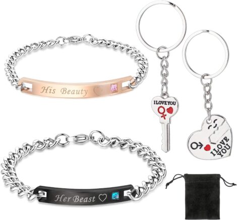 Valentine’s Couple Keyring Bracelet Set – I Love You Key Chains, His Beauty Her Beast Bracelets