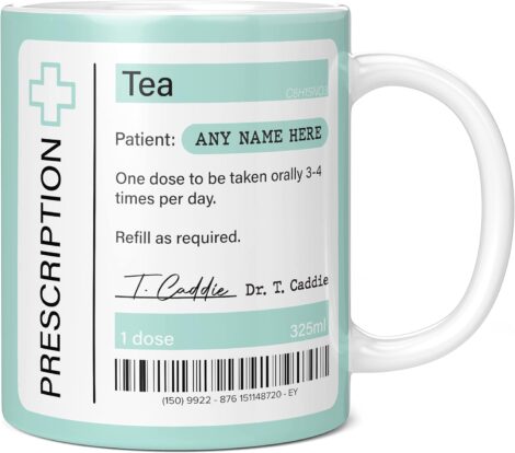 Tea Prescription Mug – Customizable Colleague Farewell Gift: Ceramic Coffee Cup, Large Size, 11oz White