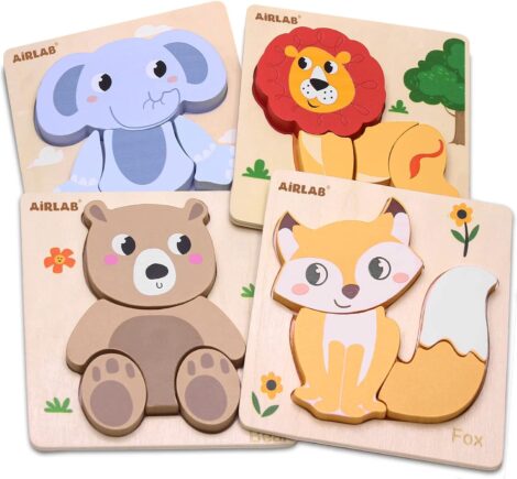 Wooden Toddler Animal Puzzles: Educational Montessori Toys for 1-3 Year Olds, with Drawstring Bag.