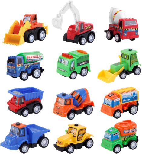 12-piece Construction Toy Set: Pull Back Digger Mini Vehicles – Excavator Bulldozer Truck Toy for Kids