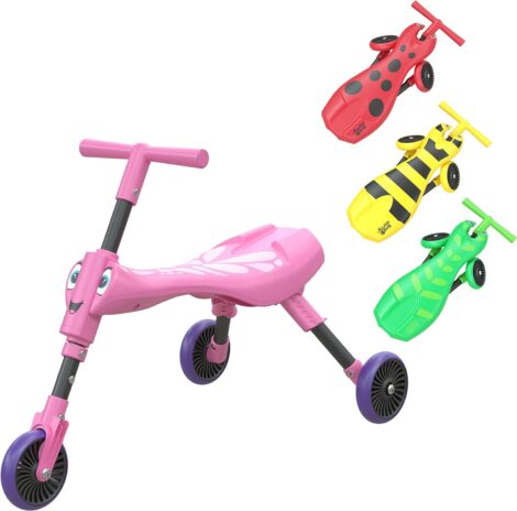 Foldable 3-wheel Scuttlebug tricycle for 1+yr olds, with butterfly design, antenna handlebar, and motor skill development.